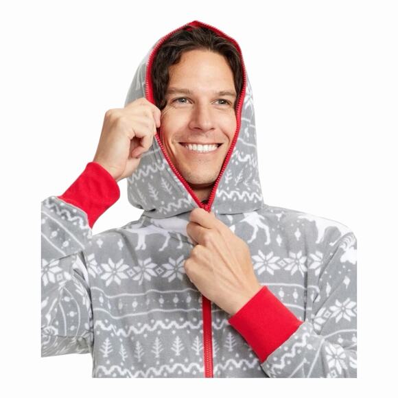 Tipsy Elves XL Fleece Hooded One Piece Pajamas Gray Moose Fair Isle Zip Up Adult - Picture 3 of 10